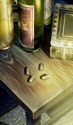 book bottle brown_theme bullet commentary condensation fate/grand_order fate_(series) light_particles no_humans official_art still_life table third-party_source wine_bottle yamaneko_(lasengle)
