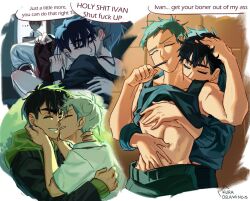 ... 3boys acorn_(alien_stage) alien_stage bite_mark bite_mark_on_shoulder black_hair black_jacket black_shirt black_tank_top brushing_teeth clothes_lift commentary english_commentary english_text green_hoodie grey_hair hood hoodie ivan_(alien_stage) jacket kiss kuradrawings letterman_jacket male_focus multiple_boys shirt shirt_lift short_hair signature tank_top till_(alien_stage) white_shirt yaoi