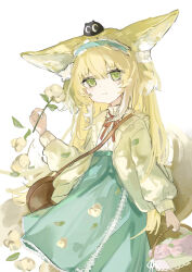Rule 34 | 1girl, absurdres, animal ears, arknights, basket, blonde hair, blue hairband, cardigan, closed mouth, commentary, flower, fox ears, fox girl, fox tail, frilled hairband, frills, green eyes, hairband, highres, holding, holding flower, long hair, long sleeves, neck ribbon, nia (2086966598), official alternate costume, ribbon, shirt, skirt, solo, suzuran (arknights), suzuran (spring praise) (arknights), tail, white background, white shirt, yellow cardigan