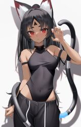 1girl absurdres animal_ears armband bare_shoulders black_armband black_hair black_leotard black_shorts black_tail blush breasts cable cable_tail cat_ears cat_girl closed_mouth facial_mark forehead_mark hand_up highleg highleg_leotard highres leotard looking_at_viewer mechanical_tail medium_breasts multiple_tails nekomiya_mana red_eyes shadow shorts simple_background sleeveless_turtleneck_leotard solo tail thomas_8000 two_tails white_background zenless_zone_zero