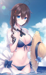1girl ahoge beach bikini blue_bikini blue_eyes blush braid breasts brown_hair hair_between_eyes hair_flaps hair_over_shoulder hat highres kabocha_torute kantai_collection large_breasts long_hair looking_at_viewer partially_submerged shigure_(kancolle) shigure_kai_san_(kancolle) shigure_kai_san_(swimsuit)_(kancolle) single_braid solo sun_hat swimsuit