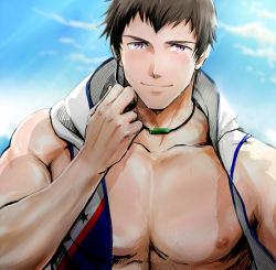 10s 1boy alternate_costume bare_pectorals biceps blush brown_hair headset hood hoodie idolmaster idolmaster_side-m jacket jewelry looking_at_viewer male_focus munimuni muscular muscular_male necklace nipples open_clothes open_jacket pectorals purple_eyes shingen_seiji sky sleeveless sleeveless_hoodie smile solo sweat upper_body