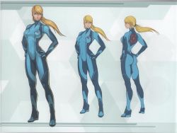 1girl 2017 ass blonde_hair blue_eyes bodysuit reference_sheet concept_art covered_navel hands_on_own_hips high_heels long_hair metroid metroid:_samus_returns multiple_views nintendo official_art ponytail samus_aran standing turnaround zero_suit