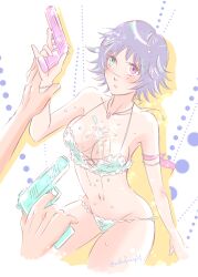Rule 34 | 1boy, 1girl, allie (united f), artist name, bikini, black hair, breasts, dante (devil may cry), devil may cry (series), finger on trigger, green eyes, heterochromia, highres, lady (devil may cry), navel, out of frame, pink eyes, scar, scar on face, scar on nose, spraying, swimsuit, water gun, white background