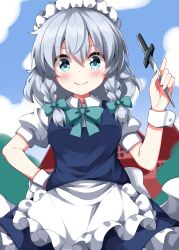 1girl apron arm_up blue_skirt blue_vest blush bow bowtie braid closed_mouth collared_shirt commentary_request cowboy_shot dagger frilled_apron frilled_skirt frills green_bow green_bowtie grey_hair hair_between_eyes hair_bow hand_on_own_hip highres holding holding_dagger holding_knife holding_weapon izayoi_sakuya knife looking_at_viewer maid maid_headdress medium_hair puffy_short_sleeves puffy_sleeves ruu_(tksymkw) shirt short_sleeves side_braids skirt smile solo standing touhou twin_braids vest waist_apron weapon white_apron white_shirt wrist_cuffs