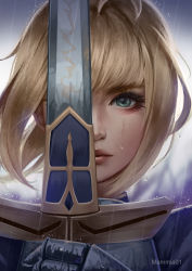 1girl absurdres artist_name artoria_pendragon_(fate) blonde_hair closed_mouth excalibur_(fate/stay_night) eyelashes fate/stay_night fate_(series) gauntlets green_eyes highres holding holding_sword holding_weapon looking_at_viewer outdoors portrait rain saber_(fate) sengnam1997 short_hair solo sword weapon