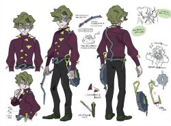 1boy black_pants brassius_(pokemon) closed_mouth concept_art green_hair hair_between_eyes holding holding_whip long_sleeves male_focus nintendo no_eyebrows non-web_source official_art pants pokemon pokemon_sv reference_sheet shirt tools vine_belt vine_whip whip