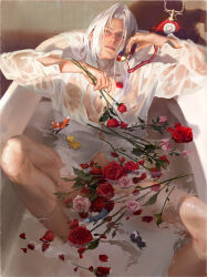 1boy absurdres arms_up bare_pectorals blush bouquet chocobo dog final_fantasy final_fantasy_vii flower fox full_body furrowed_brow grey_hair half-closed_eyes highres holding holding_flower holding_phone in_bathtub in_water indoors knees_up long_hair long_sleeves luluzhang998873 lying male_focus mixed-language_commentary nipples on_back parted_lips pectorals phone pink_flower pink_rose red_flower red_rose rose sephiroth shirt solo spread_legs toned toned_male toy twilight wet wet_clothes wet_shirt white_shirt wolf