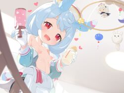 1girl baby_bottle blue_hair bottle breast_milk_in_container character_doll commentary_request doll flat_chest genshin_impact gloves heart highres holding lactation loli long_sleeves looking_at_viewer makuran nipples open_mouth paimon_(genshin_impact) puffy_long_sleeves puffy_sleeves rattle red_eyes short_hair sigewinne_(genshin_impact) solo variant_set white_gloves