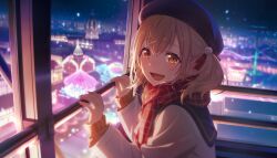 1girl amusement_park azusawa_kohane beret black_hat blonde_hair blurry blurry_background brown_eyes checkered_clothes checkered_scarf colorful_palette earrings ferris_wheel_interior from_side hair_ornament hair_ribbon hat highres jacket jewelry long_sleeves looking_at_viewer night official_art open_mouth pom_pom_(clothes) pom_pom_hair_ornament project_sekai red_ribbon red_scarf ribbon roller_coaster scarf short_twintails smile snowing solo special_present_for_you!_(project_sekai) third-party_source twintails upper_body white_jacket