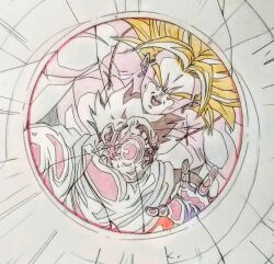 2boys against_glass alternate_universe black_eyes black_hair blank_eyes blonde_hair broly_(dragon_ball_z) cheek_squash crack cracked_glass cramped dragon_ball dragonball_z earrings facial_hair father_and_son highres jewelry kakeru_(dbskakeru) legendary_super_saiyan male_focus multiple_boys muscular muscular_male mustache open_mouth paragus_(dragon_ball_z) smile super_saiyan