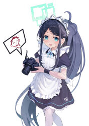 1girl absurdres apron aris_(blue_archive) aris_(maid)_(blue_archive) black_hair blue_archive blue_eyes blush camera commentary commentary_request doodle_sensei_(blue_archive) hair_between_eyes hair_ornament halo highres holding holding_camera long_hair looking_at_viewer maid maid_headdress official_alternate_costume open_mouth ponytail sensei_(blue_archive) simple_background very_long_hair white_background yuzpoi