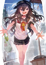 1girl absurdres akatsuki_(kancolle) anchor_symbol bag black_hair black_hat black_sailor_collar black_skirt blush bottle bracelet cloud commentary_request contrail day flat_cap hair_between_eyes handheld_electric_fan hat highres jewelry kaamin_(mariarose753) kantai_collection long_hair looking_at_viewer mahjong mahjong_tile miniskirt neckerchief open_mouth plastic_bag pleated_skirt purple_eyes red_neckerchief sailor_collar school_uniform serafuku skirt sky solo sweat wind_chime