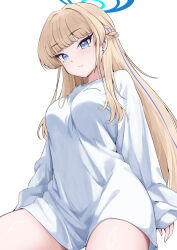1girl absurdres awnw blonde_hair blue_archive blue_eyes blue_halo blush braid breasts halo highres large_breasts long_hair long_sleeves looking_at_viewer multicolored_hair oversized_clothes shirt simple_background solo streaked_hair toki_(blue_archive) white_background white_shirt