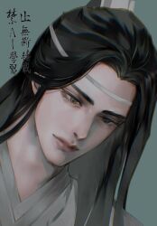 1boy bishounen black_hair brown_eyes chinese_clothes chinese_text closed_mouth eyelashes green_background hanfu headband highres korean_commentary lan_wangji lips long_hair male_focus modao_zushi portrait realistic simple_background solo tjtmxltjtmxl white_hanfu white_headband xiao_guan_(headdress)
