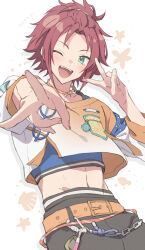 1boy ;d absurdres bangs_pinned_back belt carabiner crop_top double_v ensemble_stars! green_eyes highres isara_mao looking_at_viewer male_focus official_alternate_costume one_eye_closed open_mouth orange_belt outstretched_arm red_hair reijiro smile solo teeth upper_teeth_only v white_background