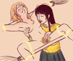 2girls armpits bdsm black_hair blush bondage bound breast_sucking breasts broom broomstick clothed_female_nude_female couple fingering flying_witch happy_sex highres ishiwatari_nao kowata_makoto long_hair multiple_girls navel nude outstretched_arms pussy red_hair small_breasts spread_legs yuri