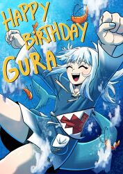 1girl blue_nails closed_eyes english_text fins fish_tail fist_pump flat_chest gawr_gura gawr_gura_(1st_costume) highres hololive hololive_english hood hoodie multicolored_hair nail_polish shark_tail sharp_teeth shorts shrimp smile spriggantweet streaked_hair tail teeth water white_hair
