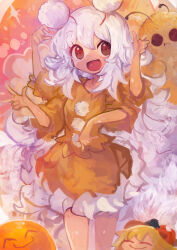 2girls ^_^ absurdres antennae arthropod_girl brown_eyes bug closed_eyes commentary_request extra_arms fluffy_hair highres insect insect_girl kaamin_(mariarose753) moth moth_girl multiple_girls open_mouth orange_shirt orange_skirt original pom_pom_(clothes) shirt skirt smile solo_focus sparkle tokage_(kaamin) white_hair wide_sleeves