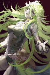 1girl barbariccia bodice clothing_cutout colored_skin cowboy_shot final_fantasy final_fantasy_xiv fingernails from_side green_eyes green_hair green_lips green_nails hair_between_eyes highres long_bangs long_fingernails long_hair looking_at_viewer midriff nail_polish navel outstretched_arm parted_lips reaching reaching_towards_viewer red_background sharp_fingernails signature smile solo stomach_cutout suyamii very_long_hair white_skin