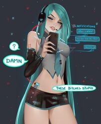 1girl absurdres bare_shoulders black_skirt black_sleeves blue_eyes blue_hair blue_necktie blush breasts cable detached_sleeves digital_media_player english_text from_below grey_background grey_shirt hatsune_miku headphones highres holding holding_phone ipod light_particles long_hair looking_at_phone looking_down medium_breasts midriff narrow_waist navel necktie numbered parted_lips phone pleated_skirt raised_eyebrows sheeza_h shirt sideboob skinny skirt sleeveless sleeveless_shirt solo sound_effects speaker speech_bubble teeth upper_teeth_only very_long_hair vocaloid