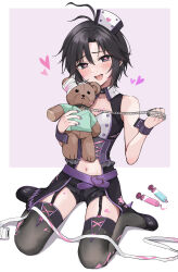 1girl absurdres aburi-gatana antenna_hair belt black_eyes black_hair black_shoes black_shorts black_thighhighs blush chain clothing_cutout concept_take_care_(idolmaster) full_body garter_straps hat heart heart-shaped_pupils highres holding holding_chain holding_stuffed_toy idolmaster idolmaster_(classic) idolmaster_million_live! idolmaster_million_live!_theater_days kikuchi_makoto long_hair looking_at_viewer navel navel_cutout nurse nurse_cap official_alternate_costume open_mouth purple_belt purple_wrist_cuffs shoes short_hair shorts simple_background sitting solo stuffed_animal stuffed_toy symbol-shaped_pupils syringe teddy_bear thighhighs wrist_cuffs