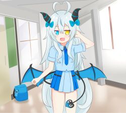 1girl ahoge akugaki_koa backpack bag blue_eyes bow commission demon_horns demon_tail demon_wings hair_bow hair_ribbon hallway heterochromia highres horns idol_corp leafy_bow long_hair looking_at_viewer open_mouth randoseru ribbon school school_uniform skirt solo standing tail thighs very_long_hair virtual_youtuber white_hair wings yellow_eyes