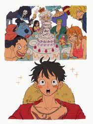 Rule 34 | 2girls, 6+boys, antlers, birthday cake, black hair, blue skin, blush, brook (one piece), cake, colored skin, commentary request, confetti, cross, curly eyebrows, facial hair, food, franky (one piece), goatee, green hair, hair over one eye, half updo, horns, jinbe (one piece), long hair, long nose, looking at viewer, monkey d. luffy, multiple boys, multiple girls, mustache, nami (one piece), nico robin, one piece, open mouth, pink tank top, red shirt, reindeer antlers, roronoa zoro, sanji (one piece), scar, scar across eye, scar on face, sharp teeth, shirt, short hair, simple background, skeleton, sparkle, straw hat pirates, tank top, teeth, telushake opnk, tony tony chopper, upper body, usopp, white background