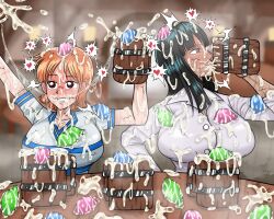 2girls breasts bukkake condom cum cum_on_body cum_on_breasts cum_on_hair cum_on_upper_body huge_breasts long_hair multiple_girls nami_(one_piece) nico_robin one_piece short_hair used_condom