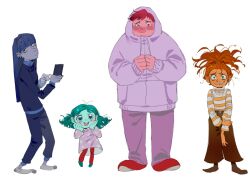 1boy 3girls anxiety_(inside_out_2) aqua_eyes belt blue_eyes blue_hair blue_nails blue_pants blue_skin blue_sweater blunt_bangs blush boots brown_belt brown_boots brown_pants cellphone closed_mouth collared_shirt colored_skin commentary earclip embarrassment_(inside_out) english_commentary ennui_(inside_out_2) envy_(inside_out_2) fingernails freckles from_side full_body green_shoes grey_skin grey_socks hair_ornament hairclip half-closed_eyes hands_on_own_face hands_up high_ponytail holding holding_own_arm holding_phone hood hoodie inside_out inside_out_2 kugai697139 long_hair long_sleeves looking_at_viewer medium_hair messy_hair multiple_girls nail_polish no_shoes open_mouth orange_hair orange_skin pants phone pink_eyes pink_hair pink_skin pocket pointing polka_dot polka_dot_shirt ponytail puffy_long_sleeves puffy_sleeves purple_hoodie purple_pants purple_shirt red_pants red_shoes shirt shoes short_hair simple_background smartphone smile socks standing striped_clothes striped_sweater sweatdrop sweater teeth turtleneck turtleneck_sweater white_background white_sweater