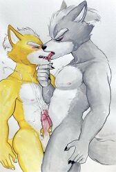 2boys animal_ears artist_name claws closed_eyes commentary completely_nude cum ejaculation english_commentary erection facing_another fangs fox_boy fox_ears fox_mccloud fox_tail from_side frottage furry furry_male furry_with_furry highres licking_lips male_focus multiple_boys nintendo nipples nude open_mouth penis profile scar scar_across_eye scar_on_face star_fox tail tongue tongue_out traditional_media ulala_ko white_background wolf_boy wolf_ears wolf_o&#039;donnell wolf_tail yaoi