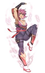 1girl absurdres alternate_skin_color arm_up armor armpits aura ayane_(doa) belt black_choker black_gloves breasts choker cleavage commentary commission dead_or_alive english_commentary fingerless_gloves full_body gloves greaves hanny_(uirusu_chan) highres japanese_armor japanese_clothes kimono kunai large_breasts leg_up martial_arts_belt ninja ninja_gaiden pants pauldrons purple_eyes purple_hair purple_kimono purple_pants red_belt red_sandals sandals short_hair shoulder_armor single_pauldron sleeveless sleeveless_kimono socks sode solo tabi tan tecmo thick_thighs thigh_strap thighs tight_clothes tight_pants vambraces weapon white_socks zouri