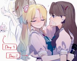 3girls 4th_live_dream_~bloom_the_dream_believers~ anyoji_hime arrow_(symbol) ascot blonde_hair blush brown_hair commentary comparison covering_another&#039;s_mouth curtained_hair dream_believers dress flower flying_sweatdrops frilled_ascot frills fujishima_megumi green_ascot hair_flower hair_ornament hand_over_another&#039;s_mouth highres holding holding_microphone imminent_kiss kan_kanna kurusu_rin link!_like!_love_live! love_live! microphone mira-cra_park! multiple_girls multiple_views nose_blush open_mouth osawa_rurino parted_bangs pink_dress pink_flower pipi_(m1x_mix) puffy_short_sleeves puffy_sleeves rejected_kiss short_sleeves simple_background symbol-only_commentary tsukine_kona twintails two_side_up upper_body virtual_youtuber voice_actor_connection white_background yuri