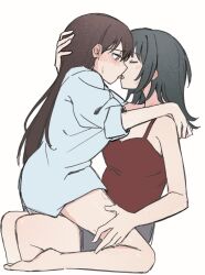 2girls bang_dream! bang_dream!_it&#039;s_mygo!!!!! bite_mark bite_mark_on_thigh black_hair blue_shirt brown_hair camisole closed_eyes collared_shirt french_kiss grey_shorts hand_on_another&#039;s_thigh highres jenjen kiss long_hair multiple_girls purple_eyes red_camisole shiina_taki shirt shorts simple_background sitting sitting_on_lap sitting_on_person white_background yahata_umiri yuri