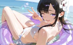 1girl bare_shoulders bikini black_hair hectorrambito highres innertube legs looking_at_viewer ocean one_eye_closed original purple_eyes sitting solo swim_ring swimsuit v