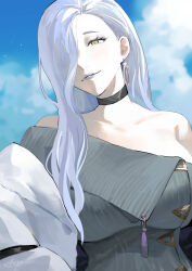 1girl bare_shoulders blue_lips blue_sky blush breasts choker collarbone dress earrings eyeliner fate/grand_order fate_(series) grey_dress hair_over_one_eye highres hoop_earrings jacket jewelry large_breasts long_hair long_sleeves looking_at_viewer makeup mrs._snake_(fate) off_shoulder sky smile solo sweater sweater_dress tassel white_hair white_jacket yatsushiro_(8246428) yellow_eyes