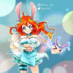 Rule 34 | &gt; &lt;, 1girl, adapted costume, animal ears, aqua skirt, bad id, bad twitter id, bare shoulders, bloom (winx club), blue background, blue choker, blue eyes, blue shirt, blue skirt, blue sleeves, blush stickers, bubble, bubble skirt, chocofish, choker, closed mouth, commentary, cosplay, cowboy shot, crop top, detached sleeves, dot nose, double v, english commentary, eyelashes, fake animal ears, floating hair, frilled choker, frilled shirt, frilled skirt, frilled sleeves, frilled thigh strap, frills, glitter, gloves, halftone, halftone background, heart, highres, instagram username, kemonomimi mode, kiko (winx club), layered skirt, light blush, long hair, magical girl, masha (tokyo mew mew), masha (tokyo mew mew) (cosplay), midriff, miniskirt, navel, orange hair, outline, pendant choker, puffy short sleeves, puffy sleeves, rabbit ears, rabbit girl, shirt, short sleeves, skirt, skirt set, smile, standing, strapless, strapless shirt, tareme, thigh strap, tokyo mew mew, twitter username, v, very long hair, watermark, white gloves, white outline, winx club