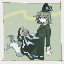 Rule 34 | 1girl, black hat, border, breasts, commentary request, dress, full body, gen 4 pokemon, ghost tail, green background, green dress, green eyes, grey border, grin, hat, long sleeves, medium hair, nintendo, pokemon, pokemon (creature), power connection, rotom, rotom (normal), small breasts, smile, soga no tojiko, solo, tate eboshi, touhou, yann7478