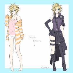1girl barefoot black_gloves blonde_hair blue_eyes breasts cleavage closed_mouth cloud_strife elbow_gloves final_fantasy final_fantasy_vii final_fantasy_vii_advent_children full_body furofuki_daikon genderswap genderswap_(mtf) gloves looking_at_viewer short_hair single_elbow_glove single_thighhigh solo spiked_hair thighhighs
