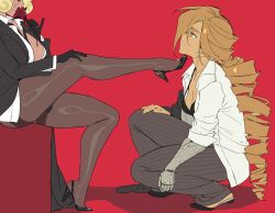 Rule 34 | 2girls, black bra, black gloves, black jacket, black pants, black pantyhose, black shoes, blonde hair, bra, breasts, brown eyes, brown hair, cleavage, collarbone, collared shirt, cookie run, cookie run: ovenbreak, cracked skin, croissant cookie, croissant cookie (director of the tbd), drill hair, drill ponytail, dual persona, face-to-face, femdom, flower, from side, full body, gloves, grin, hand on own knee, head out of frame, high heels, highres, holding, holding flower, humanization, jacket, jewelry, large breasts, layered sleeves, looking at another, low ponytail, mechanical arms, medium breasts, multiple girls, necklace, official alternate hair length, official alternate hairstyle, ohta guk hip, open clothes, open jacket, open shirt, pants, pantyhose, pinstripe pants, pinstripe pattern, ponytail, profile, red background, red flower, red rose, rose, scar, scar on chest, selfcest, shadow, shirt, shoe dangle, shoes, short hair, simple background, single mechanical arm, smile, squatting, sweatdrop, thighband pantyhose, timekeeper cookie, timekeeper cookie (ruler of the ephemeral flow), underwear, white shirt, yuri