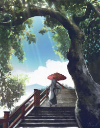 1girl absurdres alternate_hairstyle animal_ears day detached_sleeves facing_away geta hair_ribbon hat highres holding holding_umbrella inubashiri_momiji light_rays long_hair long_skirt oil-paper_umbrella oubachiago outdoors parasol procreate_(medium) railing ribbon scabbard scenery sheath sheathed skirt solo stairs stone_stairs sunbeam sunlight sword tail tengu-geta tokin_hat touhou tree umbrella very_long_hair walking weapon white_hair wide_sleeves wolf_ears wolf_girl wolf_tail