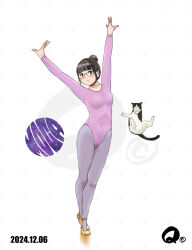 Rule 34 | 1girl, arms up, ballet slippers, blue eyes, breasts, cat, covered navel, dated, full body, glasses, grey pantyhose, hair bun, highleg, highleg leotard, leotard, looking at viewer, original, pantyhose, purple leotard, q98780409, shoes, short hair, small breasts, smile, solo, standing, white background, yellow shoes