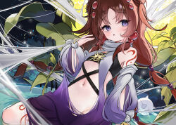 1girl arm_tattoo arthropod_girl blush brown_hair detached_sleeves duel_monster flat_chest highres insect_girl leg_tattoo long_hair looking_at_viewer midriff navel open_mouth plant purple_eyes silk sitting solo spider_girl spider_web tattoo traptrix_atypus wariza water yu-gi-oh! zhcx7832