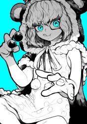 1girl absurdres animal_ears bear_ears blue_background blue_eyes cape commentary_request dress fake_animal_ears fingernails food food_on_hand fruit greyscale_with_colored_background highres hood hooded_cape monochrome monocle one_piece polka_dot polka_dot_dress short_hair sleeveless sleeveless_dress solo sugar_(one_piece) tongue tongue_out yotsumi_shiro