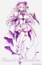Rule 34 | 1girl, :d, bare shoulders, blush, breasts, character name, claudia blanche, commentary request, copyright notice, detached sleeves, dress, earrings, flower hairband, full body, garter straps, hairband, highres, holding, holding knife, jewelry, knife, large breasts, long hair, looking at viewer, multicolored hair, nora promotion, official art, open mouth, pink eyes, pink hair, purple hairband, shoes, simple background, sleeveless, sleeveless dress, smile, solo, standing, streaked hair, thighhighs, tokeshi, two-tone hair, white background, white dress, white hair, white shoes, white sleeves, white thighhighs