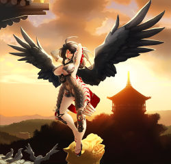 1girl absurdres adjusting_hair architecture armor armpits arms_behind_back arms_up bad_id bad_pixiv_id between_breasts bird black_hair black_wings breasts brown_eyes east_asian_architecture elbow_gloves eyepatch feet female_focus gloves hair_rings highres huge_breasts komainu legs long_hair mitsudomoe_(shape) mouth_hold navel ninja original revealing_clothes sandals shuriken single_glove solo statue sun sunset temple tomoe_(symbol) tsunekun underboob weapon wings