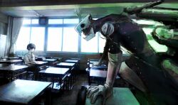 2boys black_ribbon blue_hair blue_light chain chair classroom coffin collared_shirt curtains desk elbow_gloves faceless from_side gekkoukan_high_school_uniform gloves green_light hand_on_table hands_on_table highres indoors kyezzzz male_focus multiple_boys neck_ribbon on_chair persona persona_3 ribbon school_chair school_desk school_uniform shirt short_hair short_sleeves sitting thanatos_(persona) white_gloves white_mask white_shirt window yuuki_makoto_(persona_3)