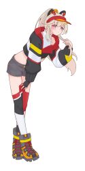 1girl absurdres asymmetrical_legwear black_gloves black_shorts blonde_hair boots cropped_jacket facial_mark gloves highres komori_met komori_met_(2nd_costume) leaning_forward nanashi_inc. partially_fingerless_gloves ponytail purple_eyes short_shorts shorts simple_background single_thighhigh solo standing thighhighs v_ap_art virtual_youtuber visor_cap vspo! white_background zephda