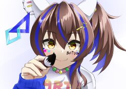 1girl animal_ears ao_komhur bead_necklace beads blue_sweater blush brown_hair closed_mouth colored_inner_hair commentary_request daitaku_helios_(umamusume) ear_covers facepaint hair_ornament hairclip heart holding holding_paintbrush horse_ears horse_girl jewelry long_hair long_sleeves looking_at_viewer multicolored_hair multicolored_nails necklace official_alternate_costume open_mouth paintbrush side_ponytail simple_background sleeves_past_wrists smile solo sweater two-tone_hair umamusume upper_body white_background
