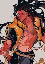 1boy abs artist_name bare_pectorals belt black_eyes black_hair black_pants collarbone commentary_request cowboy_shot cropped_jacket dark-skinned_male dark_skin drunk eyeliner fingernails floating_hair gourd grey_background hair_down highres jacket jamie_siu jewelry long_hair long_sleeves looking_to_the_side makeup male_focus navel necklace official_alternate_costume ogata_tomio open_clothes open_jacket outstretched_arm pants parted_lips pectorals sideways_glance solo street_fighter street_fighter_6 teeth twitter_username very_long_hair yellow_belt